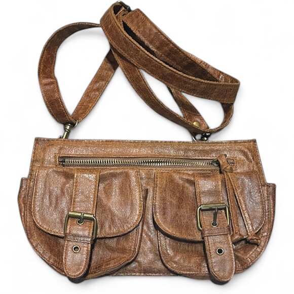 Vtg Gasoline Brown Belt Bag Crossbody Multi Pocket Utility Festival Boho Travel - Picture 1 of 7